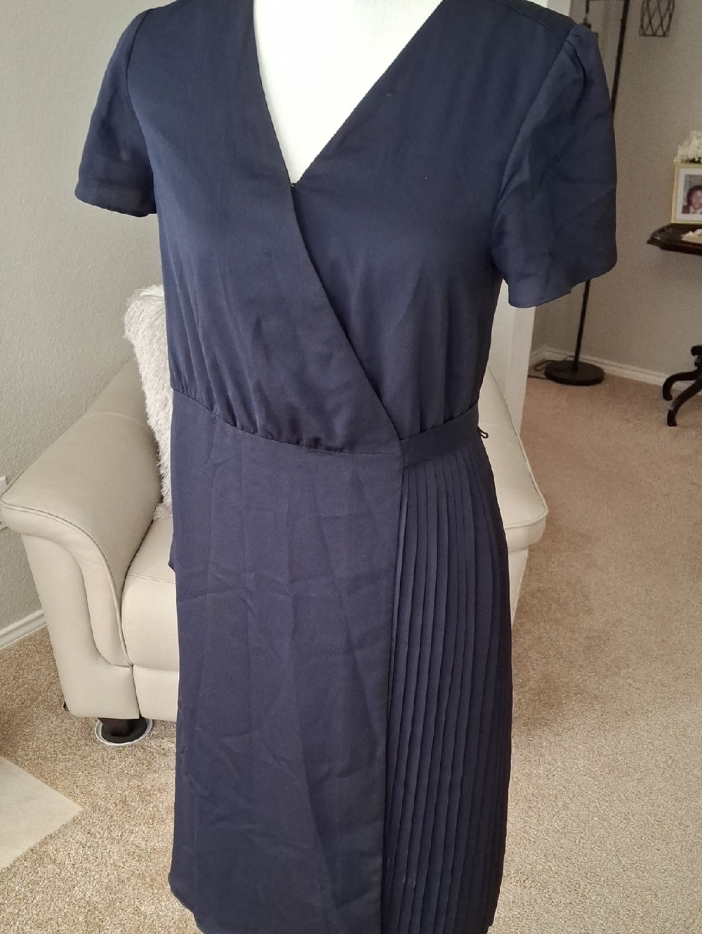 Banana Republic Dark Navy Faux-Wrap Pleated Midi Dress